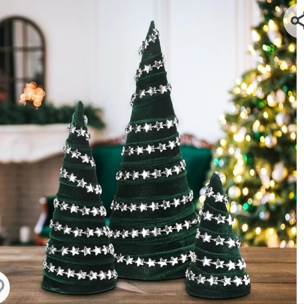 New in box! 3 piece Velvet Christmas trees set with silver star string beads